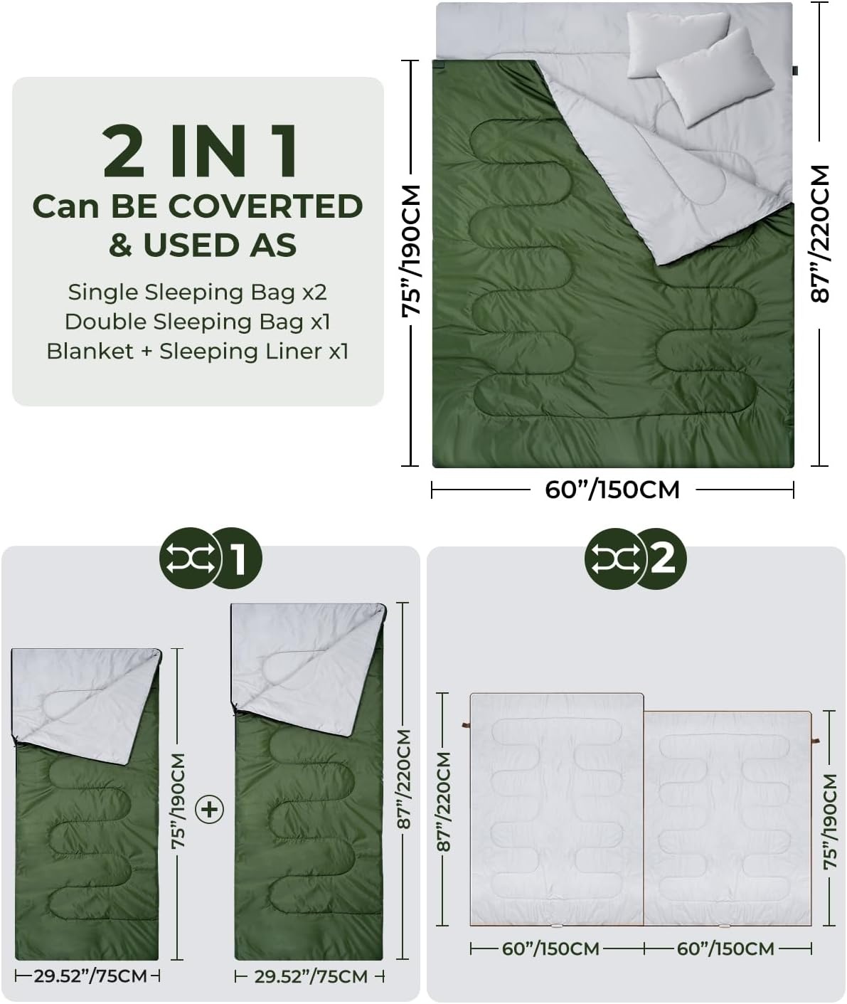 Ohuhu Tweepersoons Slaapzak - Groen - 220 x 150 cm - Inclusief 2 Kussens