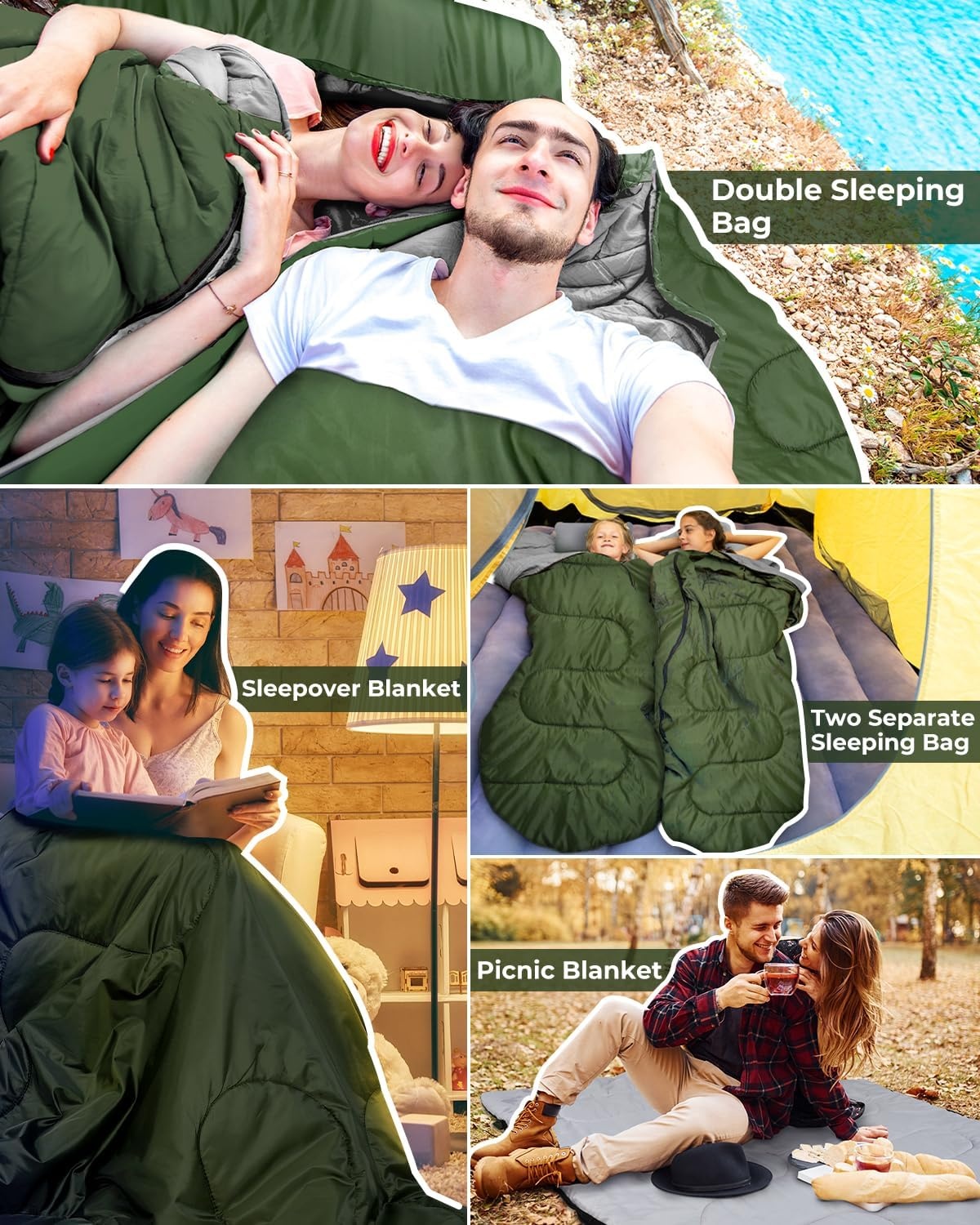 Ohuhu Tweepersoons Slaapzak - Groen - 220 x 150 cm - Inclusief 2 Kussens