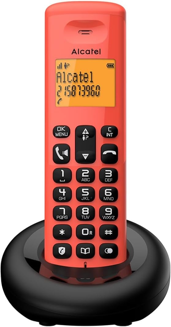 ALCATEL E260 Solo Rode draadloze telefoon. Blokkeert ongewenste oproepen, handsfree-functie.