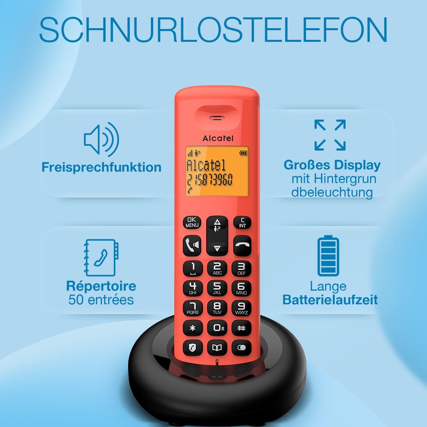 ALCATEL E260 Solo Rode draadloze telefoon. Blokkeert ongewenste oproepen, handsfree-functie.