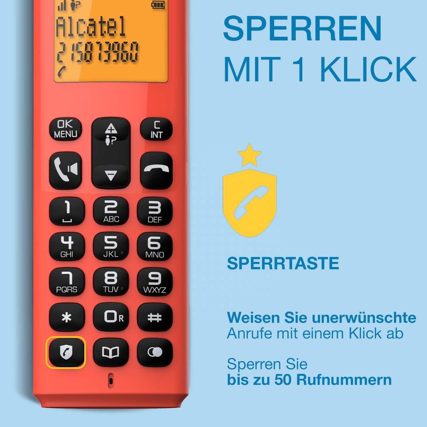 ALCATEL E260 Solo Rode draadloze telefoon. Blokkeert ongewenste oproepen, handsfree-functie.