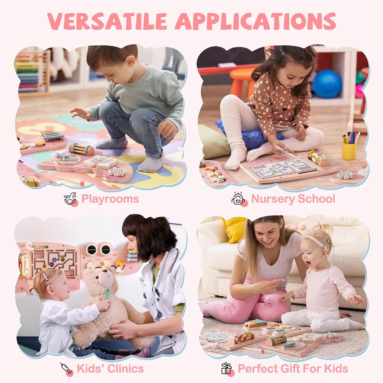 8-in-1 Roze Houten Wand Activiteitenbord | Montessori Speelgoed met Korting