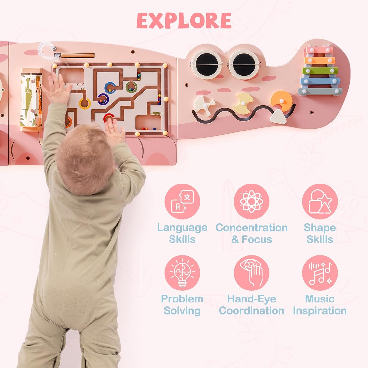 8-in-1 Roze Houten Wand Activiteitenbord | Montessori Speelgoed met Korting