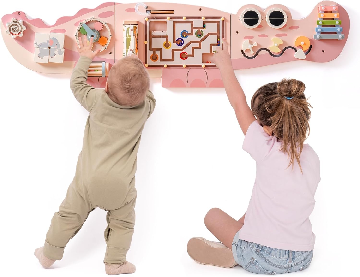 8-in-1 Roze Houten Wand Activiteitenbord | Montessori Speelgoed met Korting