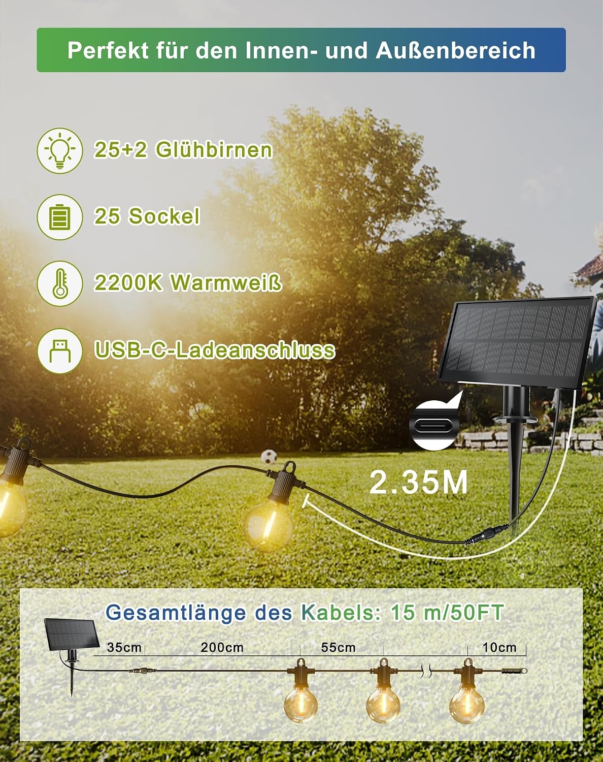 Solar LED Lichtsnoer Buiten - 15m, Warm Wit, 27 Lampen, 5 Standen - 34% Korting!