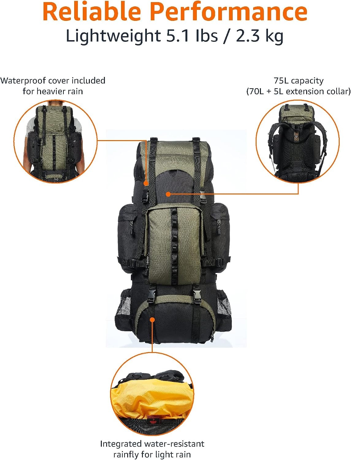 75L Wandelrugzak met Intern Frame (Groen) - 29% Korting