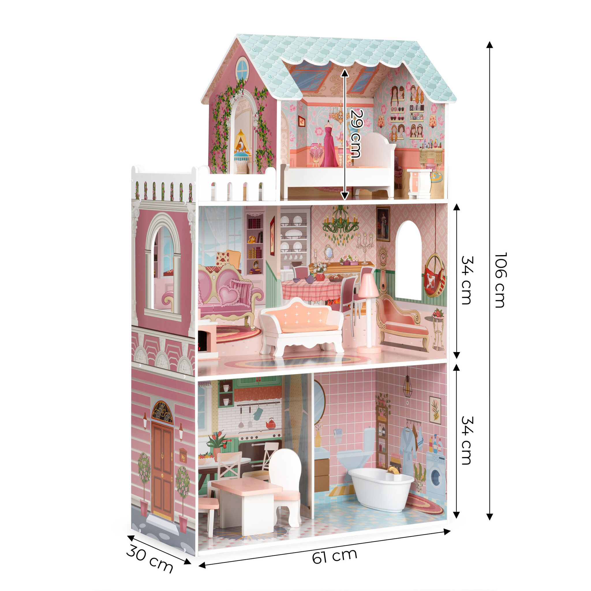 Poppenhuis van Hout met Meubels - 61x30x106 cm - 34% Korting