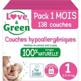 Love & Green - Gezonde en milieuvriendelijke babyluiers - Maat 1 (2-5 kg) - Pak 1 maand (138 luiers) - Absorberend, lekvrij en vrij van ongewenste ingrediënten - Maat Taille 1 (138 Unité)