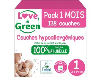 Love & Green - Gezonde en milieuvriendelijke babyluiers - Maat 1 (2-5 kg) - Pak 1 maand (138 luiers) - Absorberend, lekvrij en vrij van ongewenste ingrediënten - Maat Taille 1 (138 Unité)