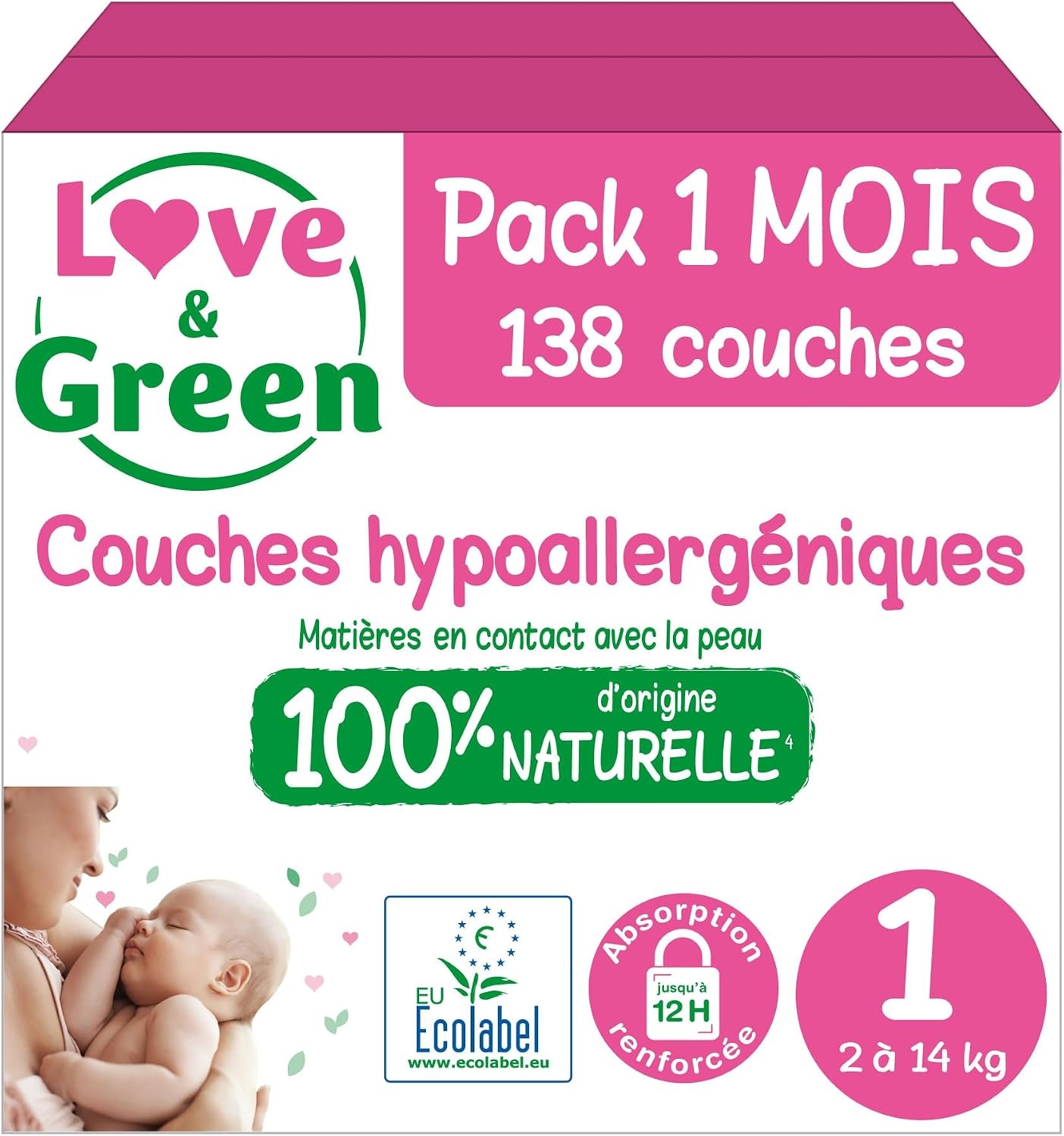 Love & Green - Gezonde en milieuvriendelijke babyluiers - Maat 1 (2-5 kg) - Pak 1 maand (138 luiers) - Absorberend, lekvrij en vrij van ongewenste ingrediënten - Maat Taille 1 (138 Unité)