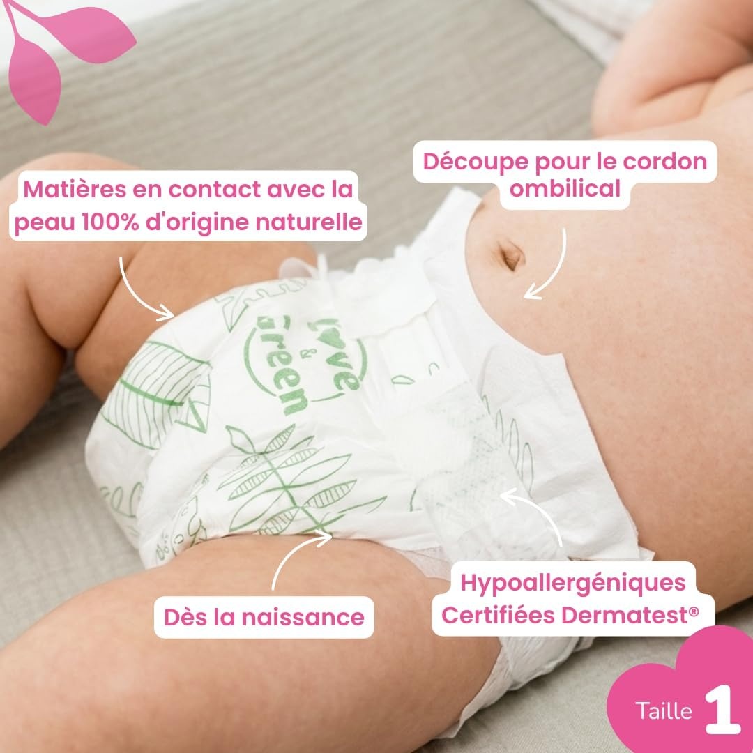 Love & Green - Gezonde en milieuvriendelijke babyluiers - Maat 1 (2-5 kg) - Pak 1 maand (138 luiers) - Absorberend, lekvrij en vrij van ongewenste ingrediënten - Maat Taille 1 (138 Unité)
