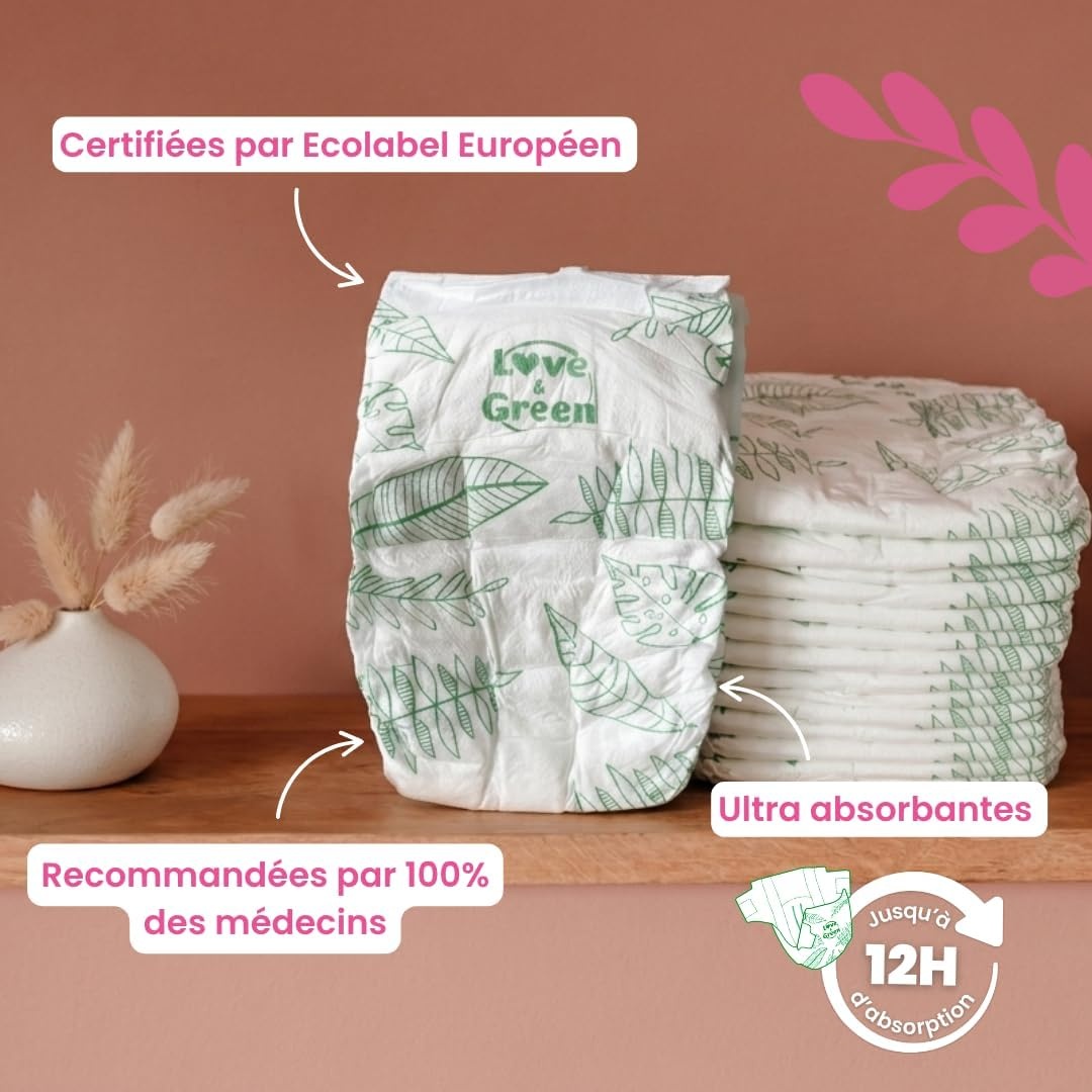 Love & Green - Gezonde en milieuvriendelijke babyluiers - Maat 1 (2-5 kg) - Pak 1 maand (138 luiers) - Absorberend, lekvrij en vrij van ongewenste ingrediënten - Maat Taille 1 (138 Unité)