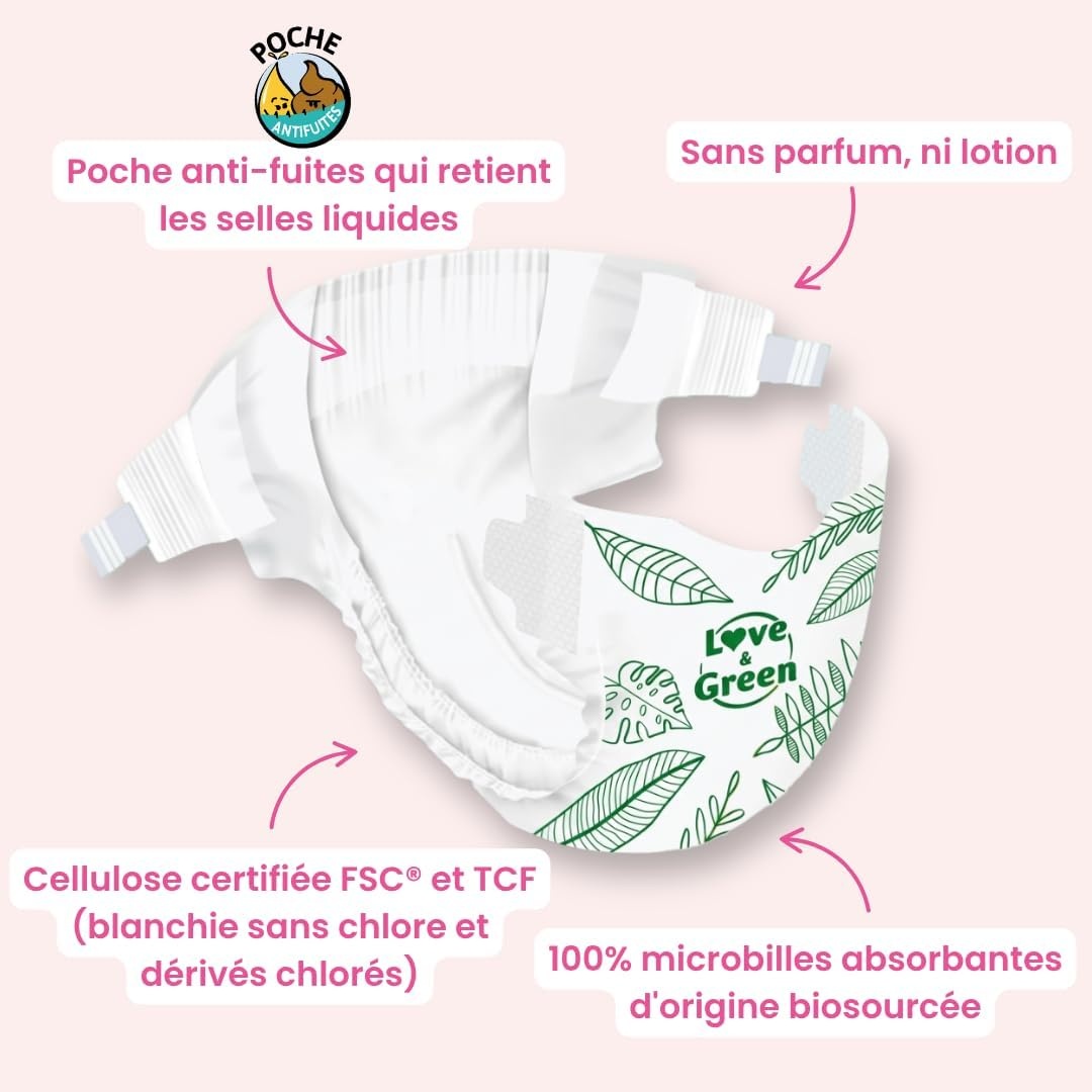 Love & Green - Gezonde en milieuvriendelijke babyluiers - Maat 1 (2-5 kg) - Pak 1 maand (138 luiers) - Absorberend, lekvrij en vrij van ongewenste ingrediënten - Maat Taille 1 (138 Unité)