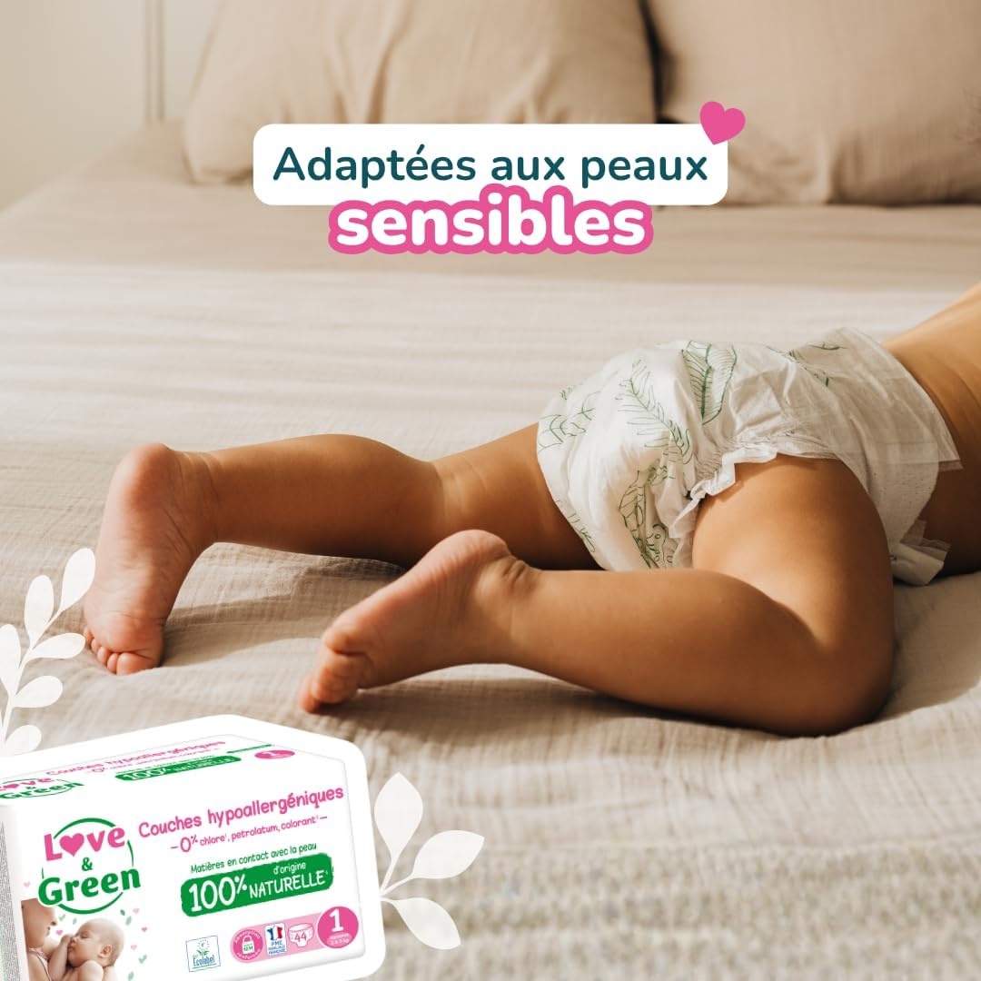 Love & Green - Gezonde en milieuvriendelijke babyluiers - Maat 1 (2-5 kg) - Pak 1 maand (138 luiers) - Absorberend, lekvrij en vrij van ongewenste ingrediënten - Maat Taille 1 (138 Unité)