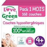 Love & Green - Gezonde en milieuvriendelijke babyluiers - Maat 1 (2-5 kg) - Pak 1 maand (138 luiers) - Absorberend, lekvrij en vrij van ongewenste ingrediënten - Maat Taille 1 (138 Unité)