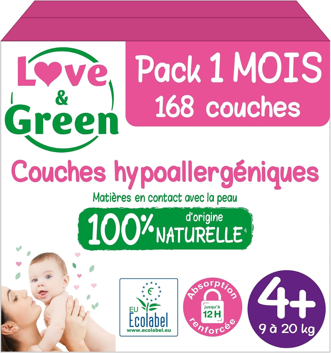 Love & Green - Gezonde en milieuvriendelijke babyluiers - Maat 1 (2-5 kg) - Pak 1 maand (138 luiers) - Absorberend, lekvrij en vrij van ongewenste ingrediënten - Maat Taille 1 (138 Unité)
