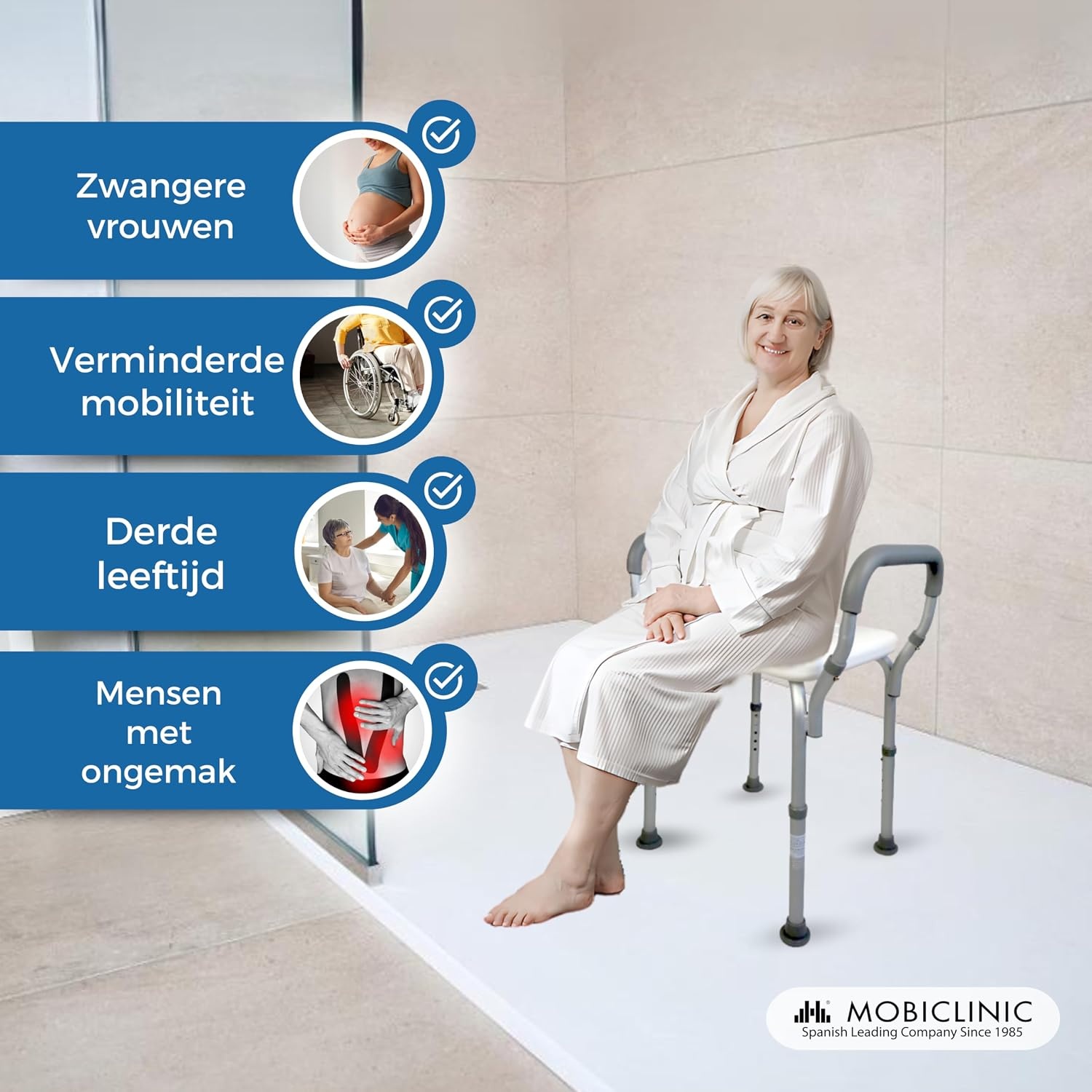 Mobiclinic®, Douchestoel, In hoogte verstelbaar, Waterleiding, Badkamerstoel, Antislipvoetjes, Met armleuningen, MAX. 100 kg, Aluminium, Wit