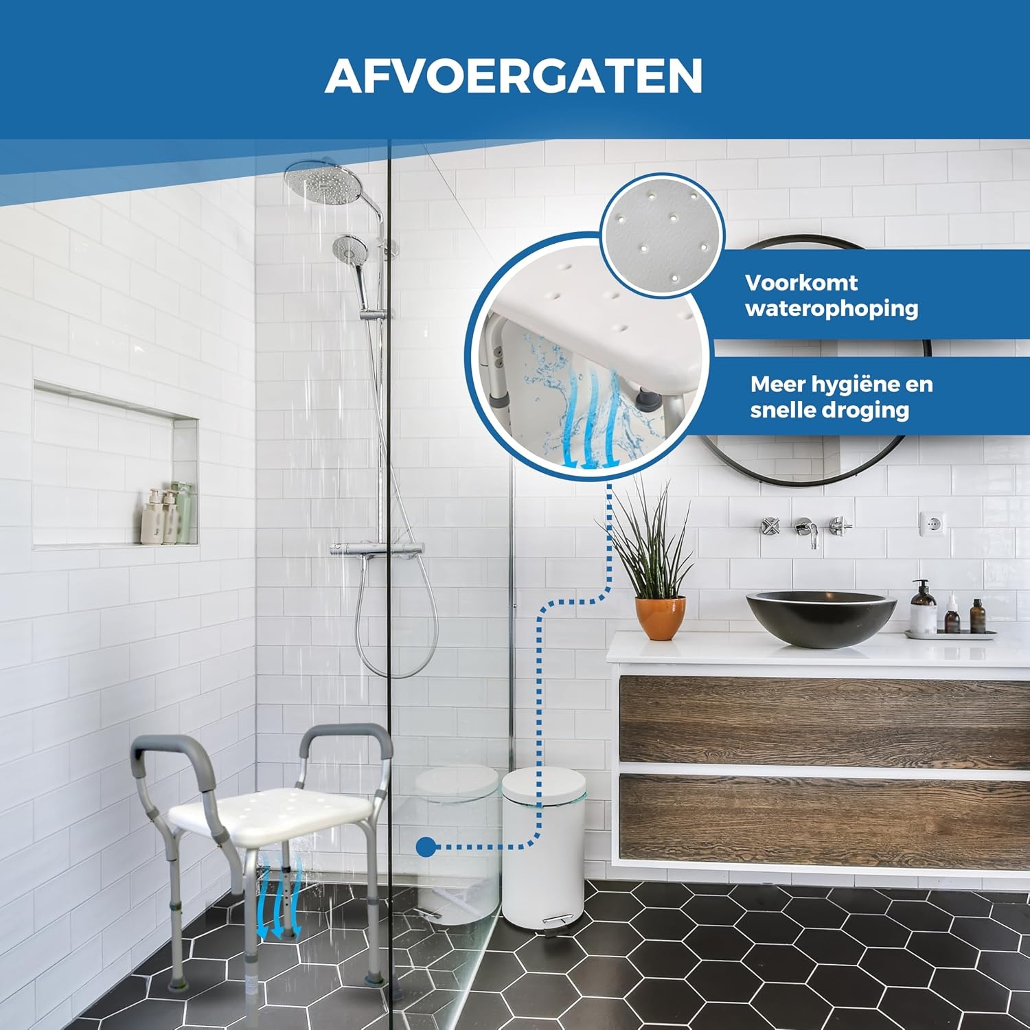 Mobiclinic®, Douchestoel, In hoogte verstelbaar, Waterleiding, Badkamerstoel, Antislipvoetjes, Met armleuningen, MAX. 100 kg, Aluminium, Wit