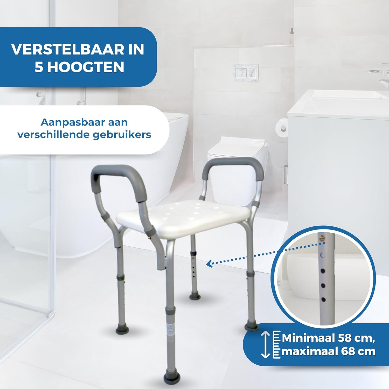Mobiclinic®, Douchestoel, In hoogte verstelbaar, Waterleiding, Badkamerstoel, Antislipvoetjes, Met armleuningen, MAX. 100 kg, Aluminium, Wit