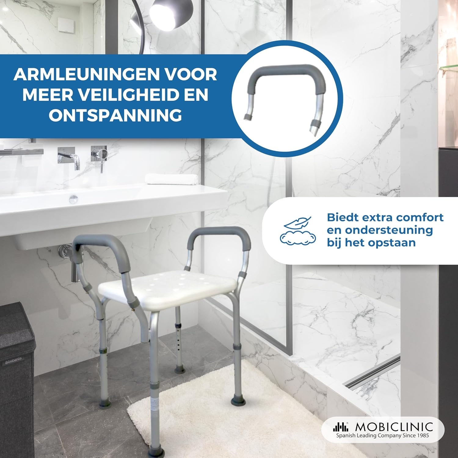 Mobiclinic®, Douchestoel, In hoogte verstelbaar, Waterleiding, Badkamerstoel, Antislipvoetjes, Met armleuningen, MAX. 100 kg, Aluminium, Wit