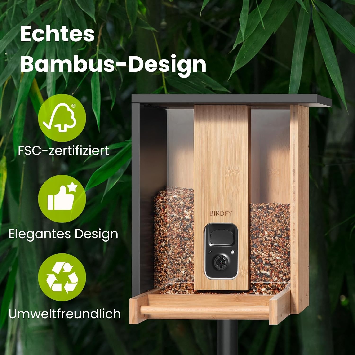 NETVUE Birdfy Slimme Vogelsvoerhuis met 1080P Camera en AI-herkenning - Bamboe - 3,5 liter