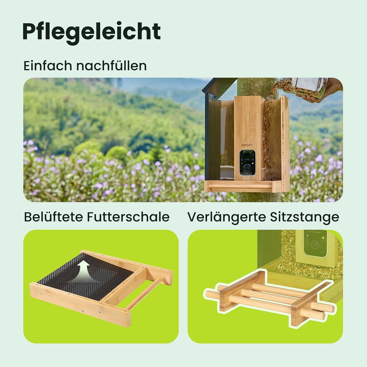 NETVUE Birdfy Slimme Vogelsvoerhuis met 1080P Camera en AI-herkenning - Bamboe - 3,5 liter