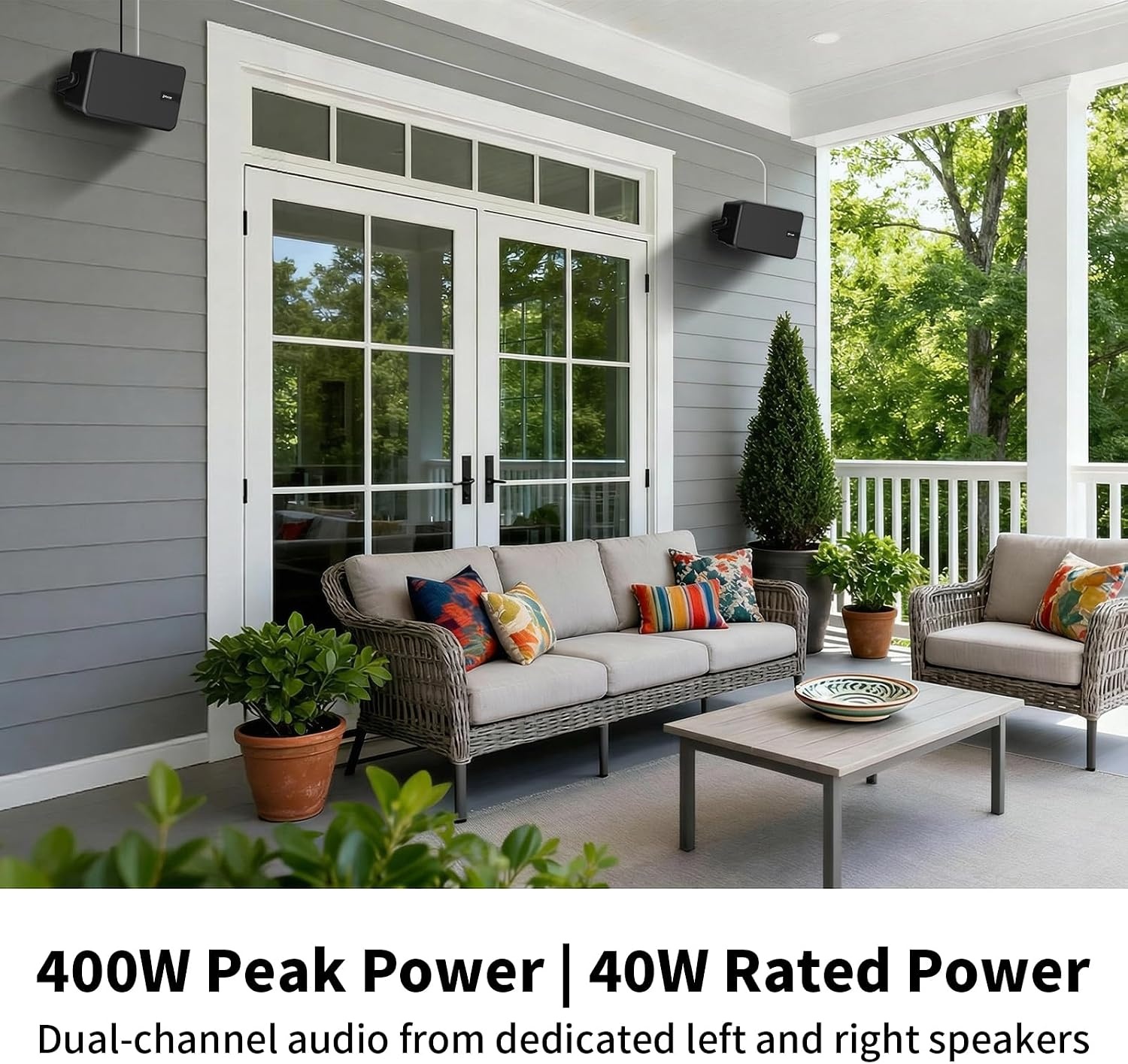 400W Outdoor Bluetooth Speaker 2-Pack (Model MZ-622), Wireless Synchronization/Aux in, IPX5 Waterproof, Rich Bass, Wall-Mountable Design, Suitable for Patios, Yards, Pools, Garages