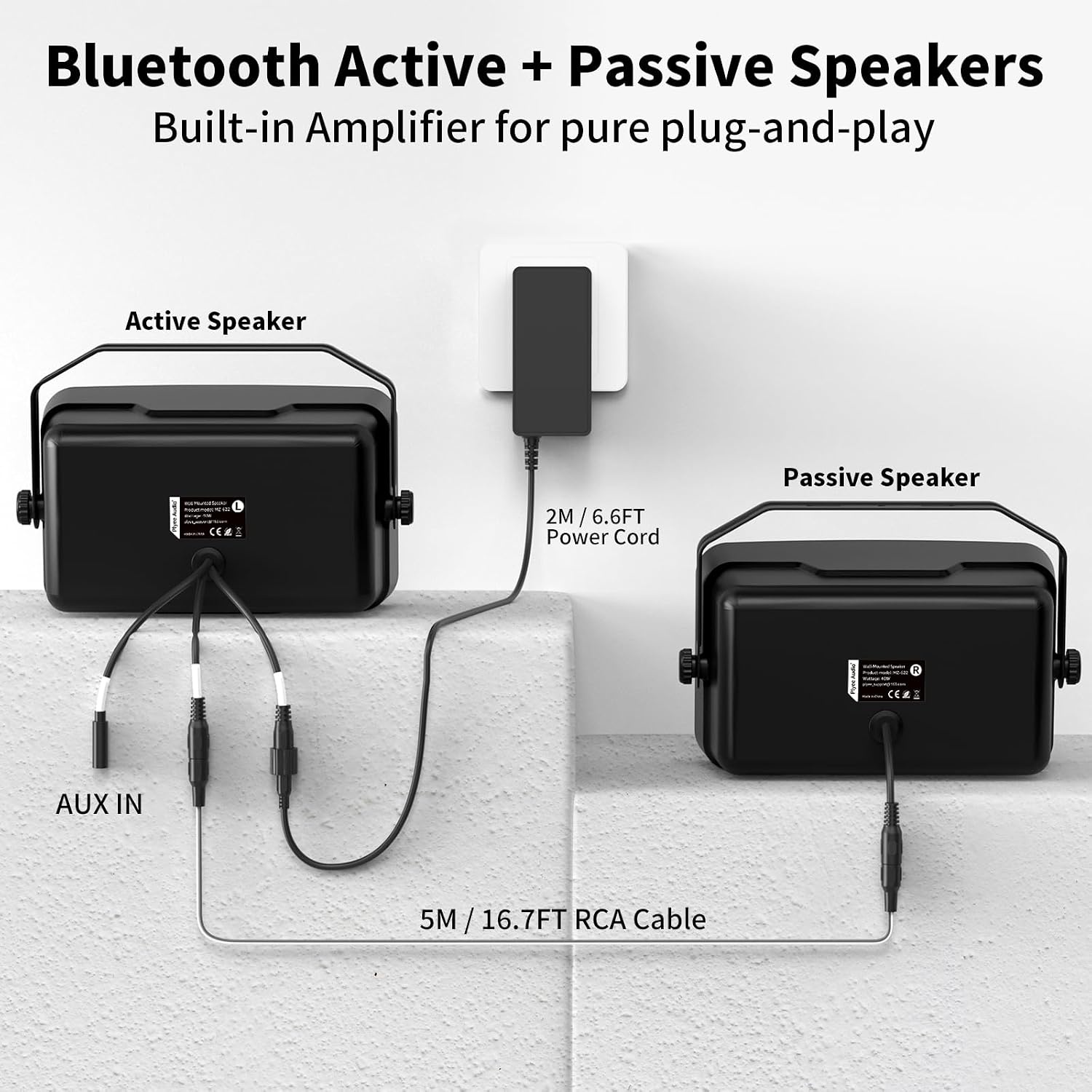 400W Outdoor Bluetooth Speaker 2-Pack (Model MZ-622), Wireless Synchronization/Aux in, IPX5 Waterproof, Rich Bass, Wall-Mountable Design, Suitable for Patios, Yards, Pools, Garages