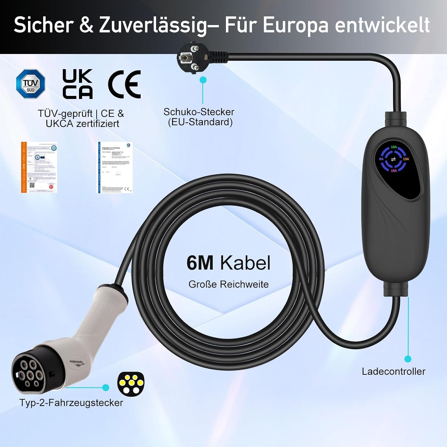 TopAutoGear Type 2 naar Schuko Ladekabel voor Elektrische Auto's - 3,7kW - 6 Meter - Zwart
