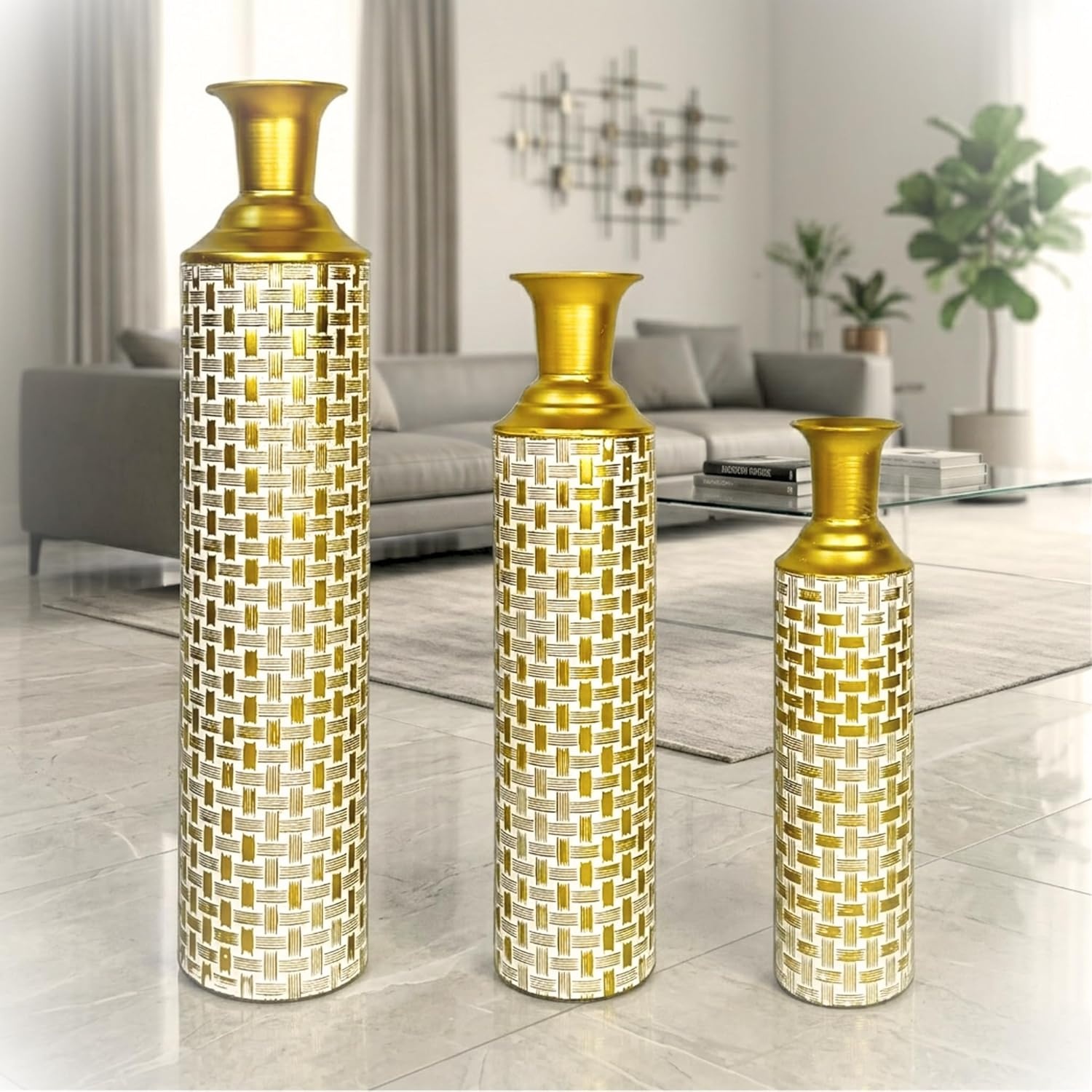 Leewadee Set van 3 Decoratieve Vloervazen Goud/Wit - 65/53/41 cm