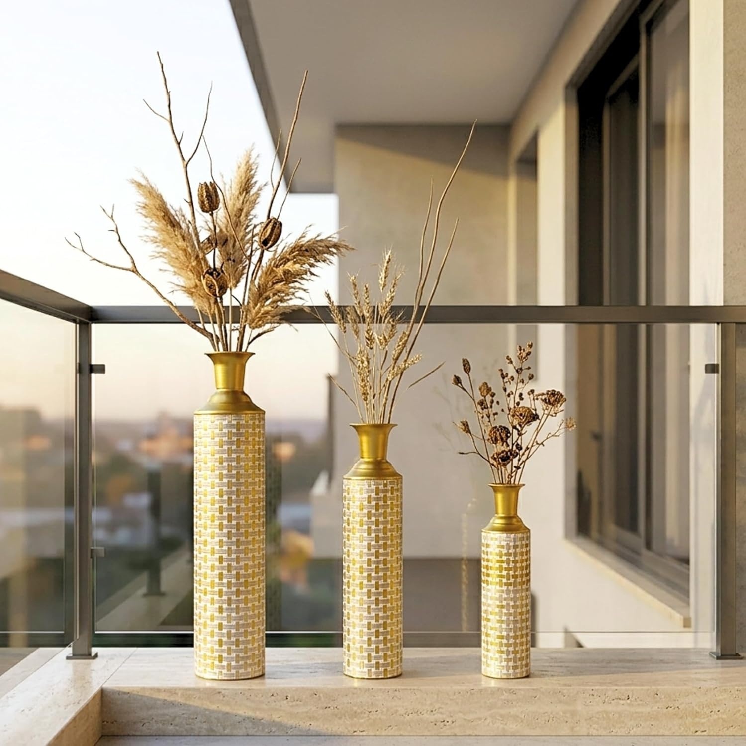 Leewadee Set van 3 Decoratieve Vloervazen Goud/Wit - 65/53/41 cm