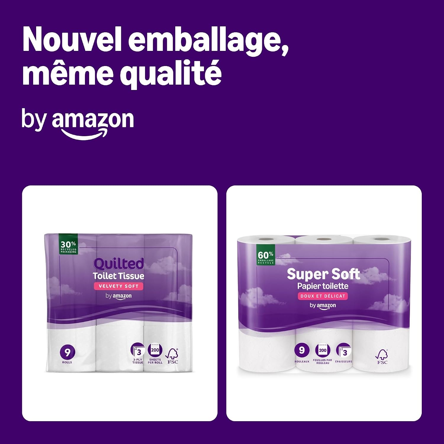 by Amazon Papier Toilette, 3 Épaisseurs Matelassé, Doux et Soyeux, 36 Rouleaux (4 Paquets de 9), 200 Feuilles par Rouleau, Certifié FSC - Maat 9 unité (Lot de 4)