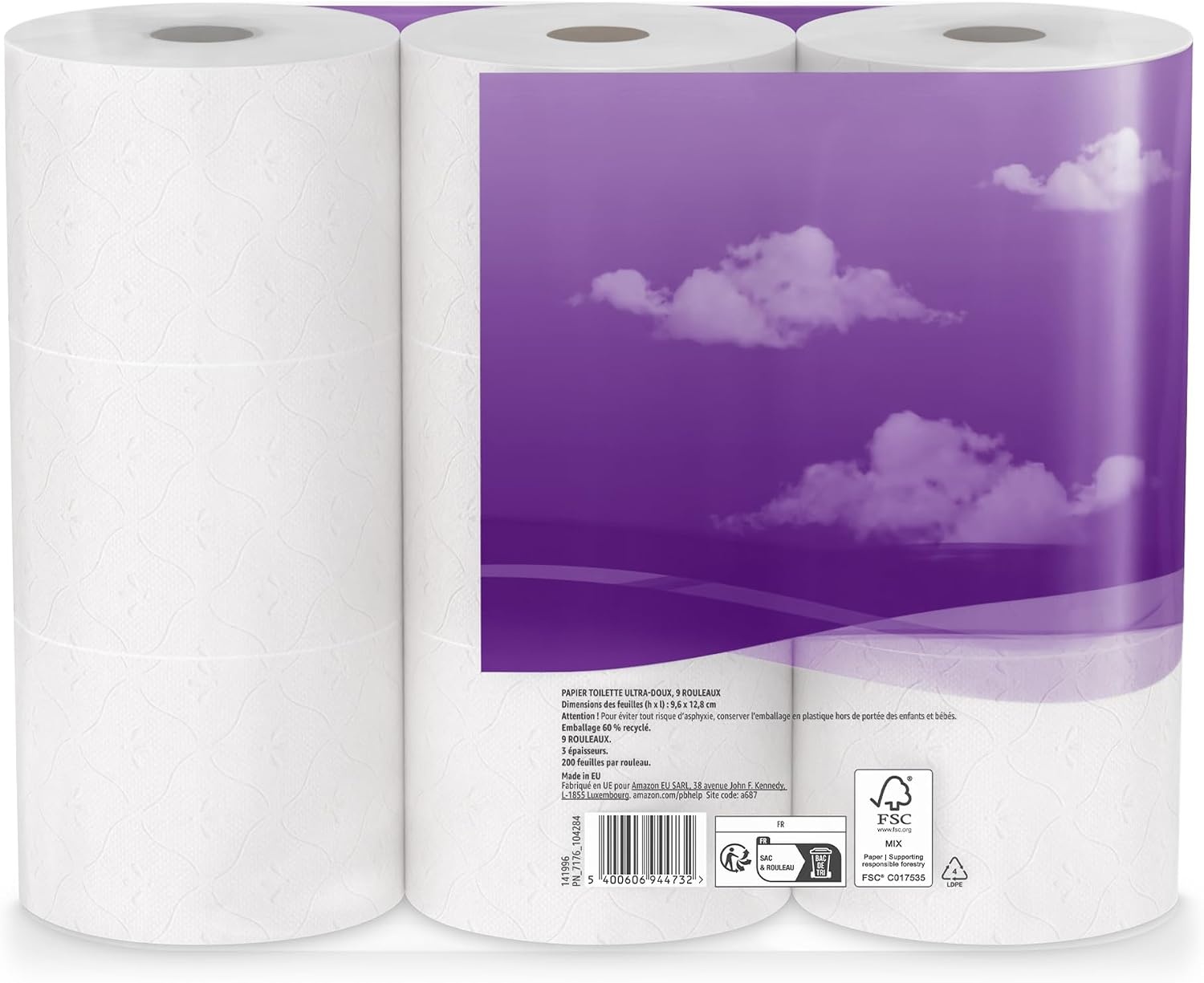 by Amazon Papier Toilette, 3 Épaisseurs Matelassé, Doux et Soyeux, 36 Rouleaux (4 Paquets de 9), 200 Feuilles par Rouleau, Certifié FSC - Maat 9 unité (Lot de 4)