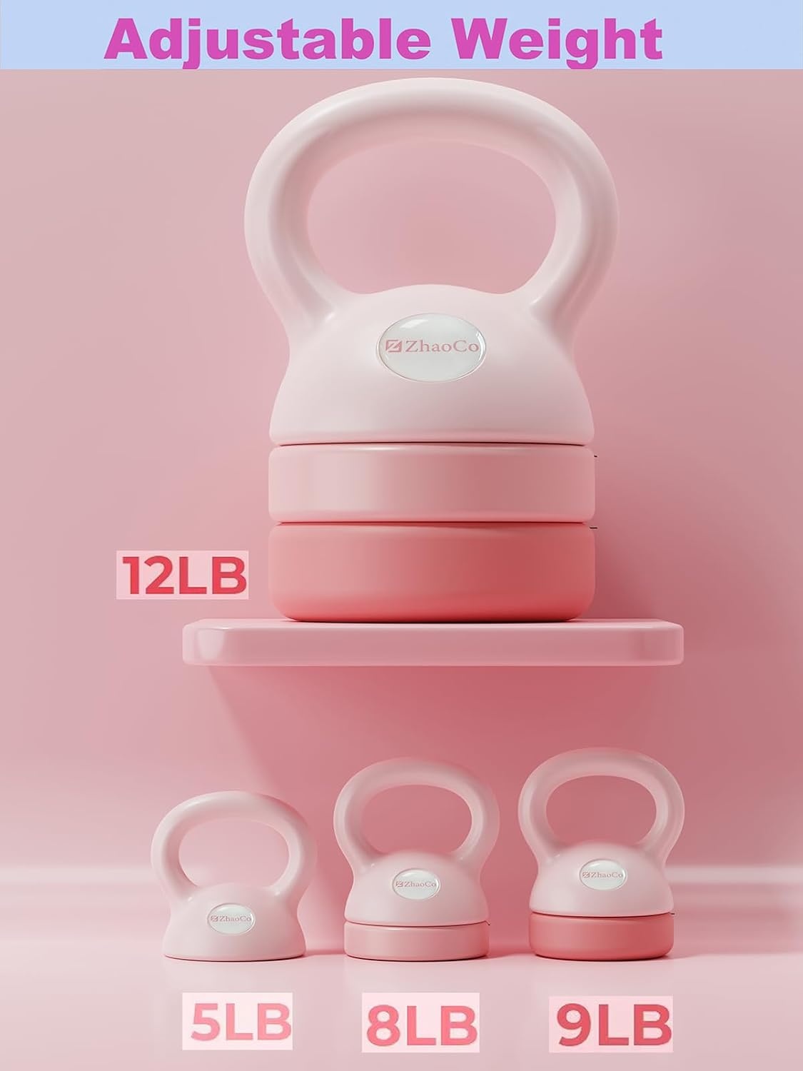 ZhaoCo Kettlebell voor vrouwen, verstelbare kettlebell-gewichten, 12 lb, fitness voor training van het hele lichaam en krachttraining thuis of in de sportschool (lichtroze)