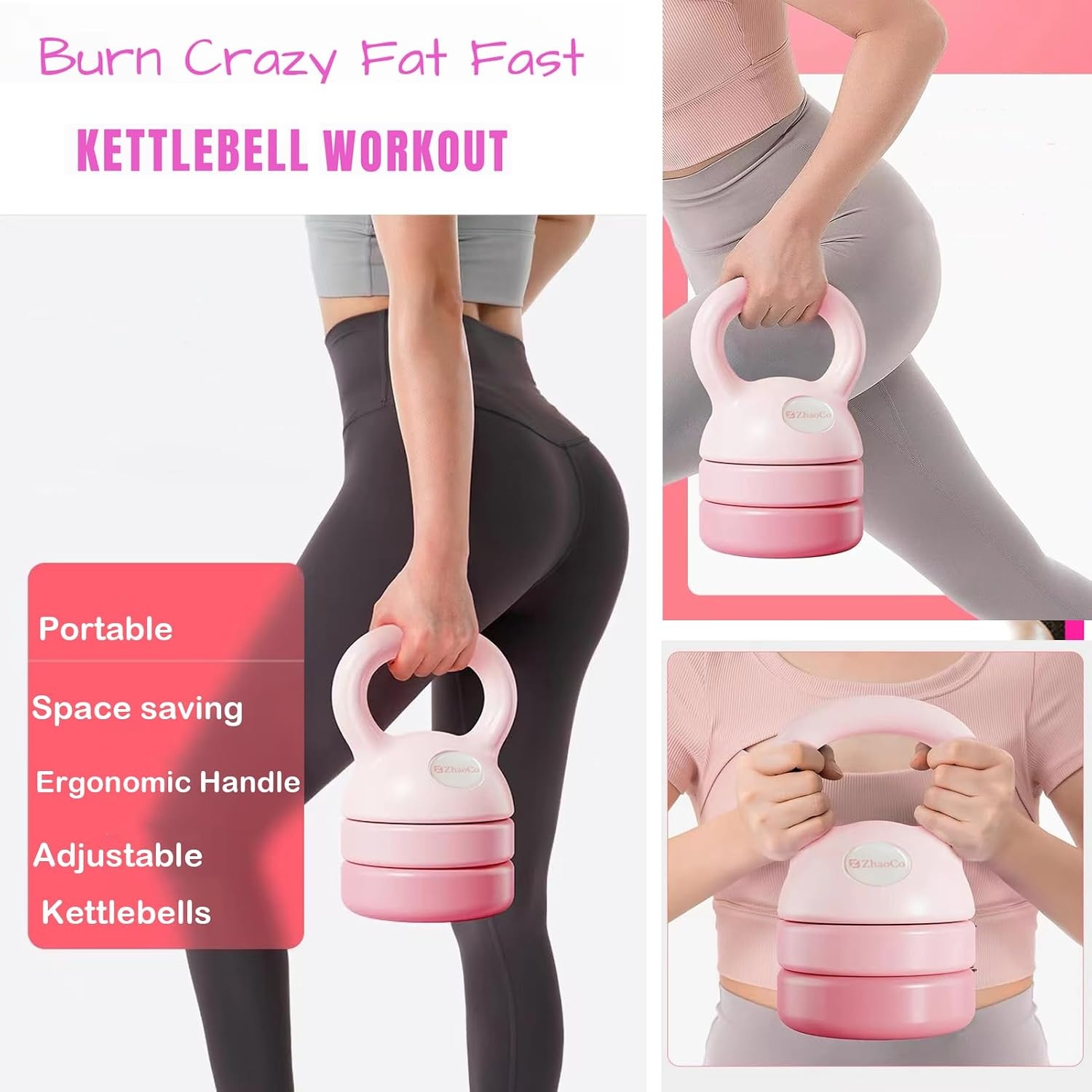 ZhaoCo Kettlebell voor vrouwen, verstelbare kettlebell-gewichten, 12 lb, fitness voor training van het hele lichaam en krachttraining thuis of in de sportschool (lichtroze)