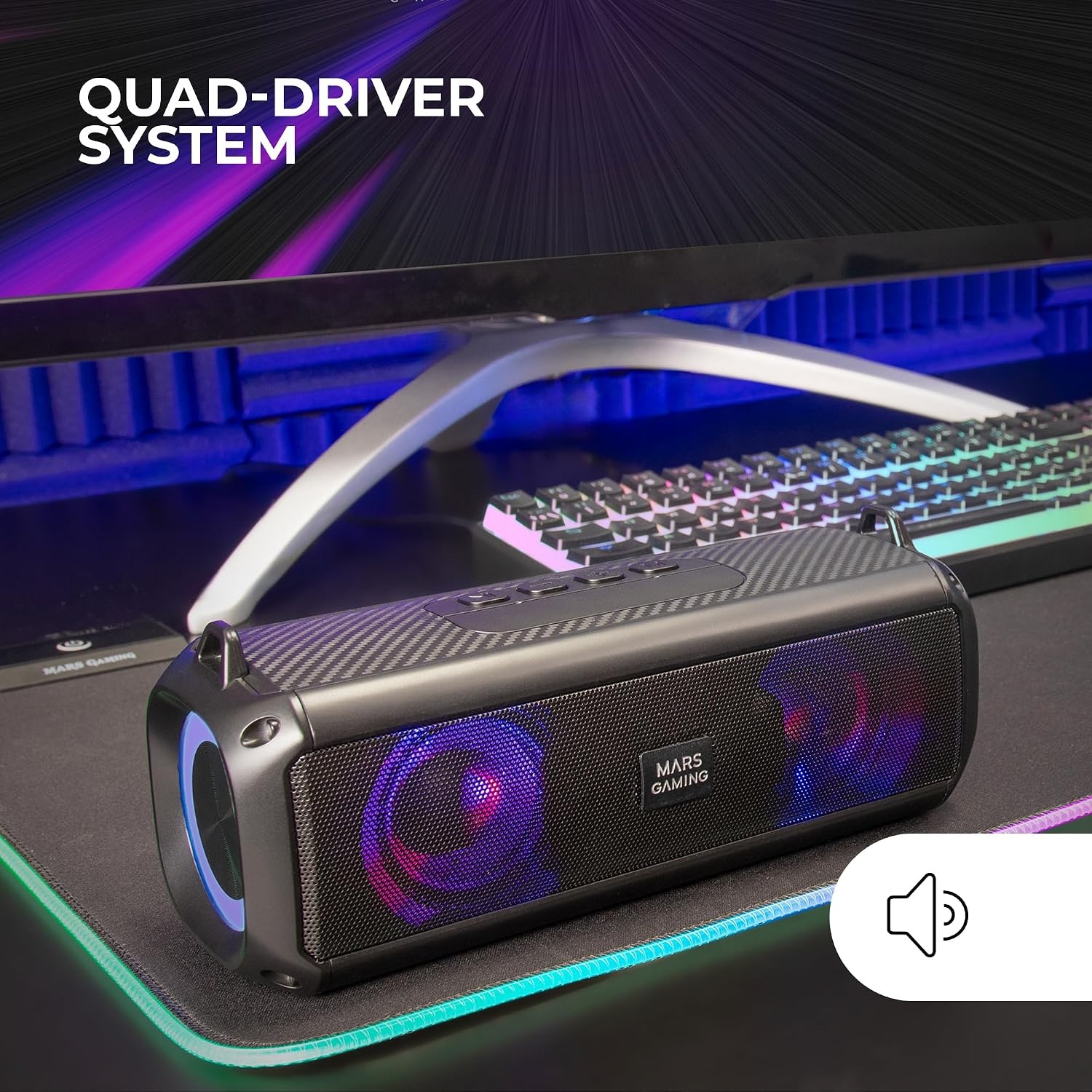 Mars Gaming MSB-XT, Draagbare Luidspreker + Soundbar 2in1, Dynamische RGB Verlichting, 4 Drivers 20W Geluidssysteem, Bluetooth 5.3 Luidspreker + AUX/MicroSD/USB/FM Radio, Zwart