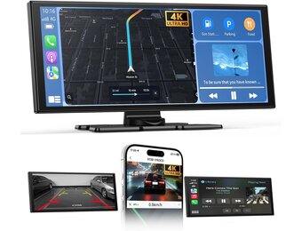 Alpinetech Draadloze Carplay Display & Android Auto Display: 10,26 inch Draagbare Autoradio met 4K Dashcam Vooraan Achteruitrijcamera Siri Bluetooth Mirror Link AUX FM SD-kaart voor alle voertuigen