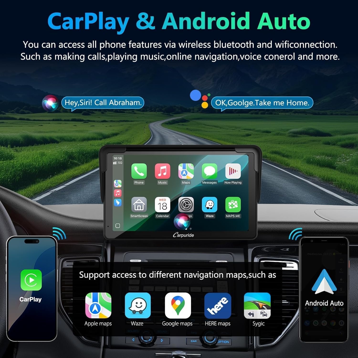 Carpuride Car Stereo, Portable Wireless Carplay & Android Auto,7 Inch 1080P HD Touch Screen Radio with BT 5.0, Mirror Link Support Truck RV Dash Mount