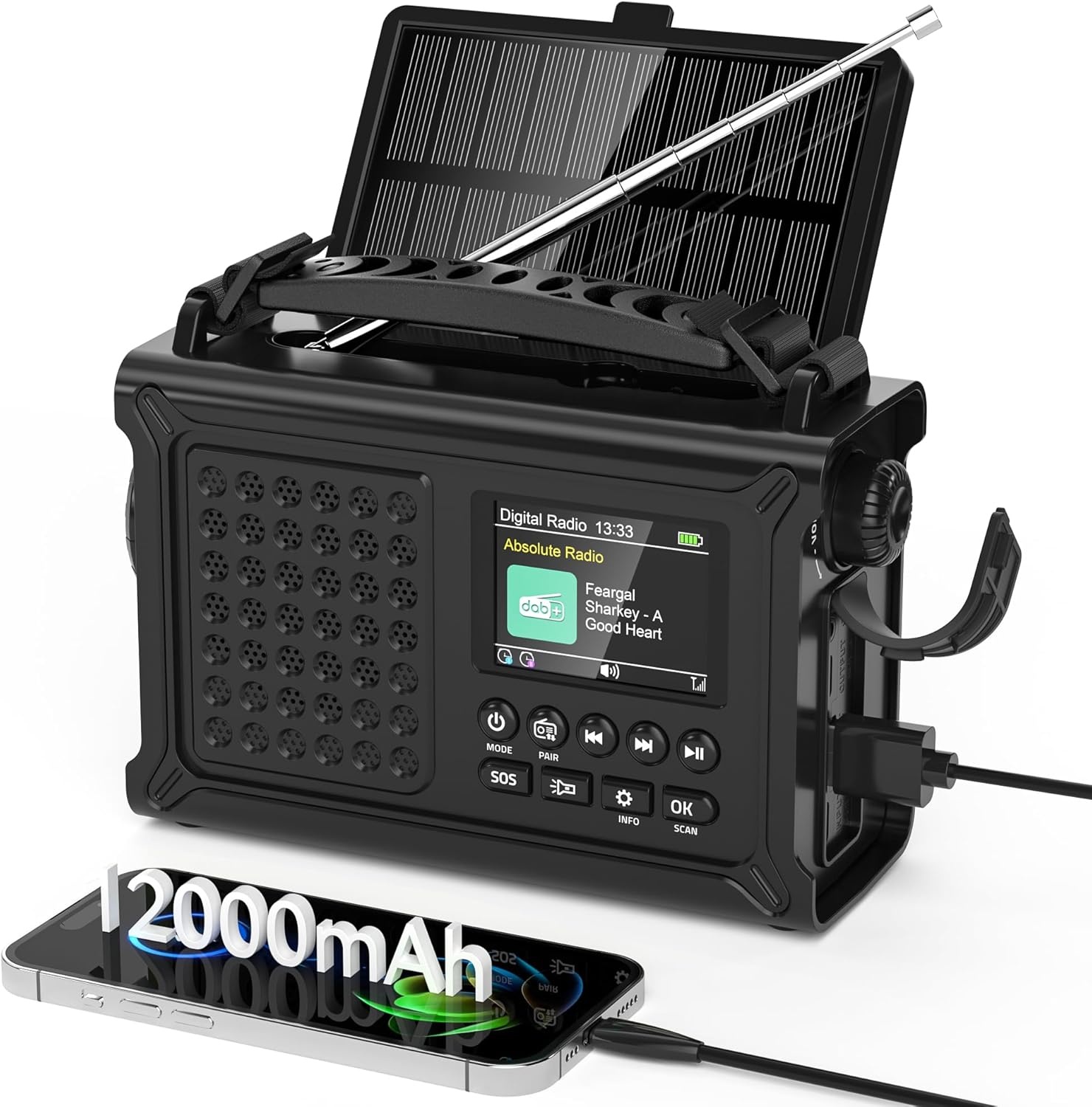 Mesqool DAB+/FM Noodradio met 12000mAh Accu en Zonnepaneel - Zwart