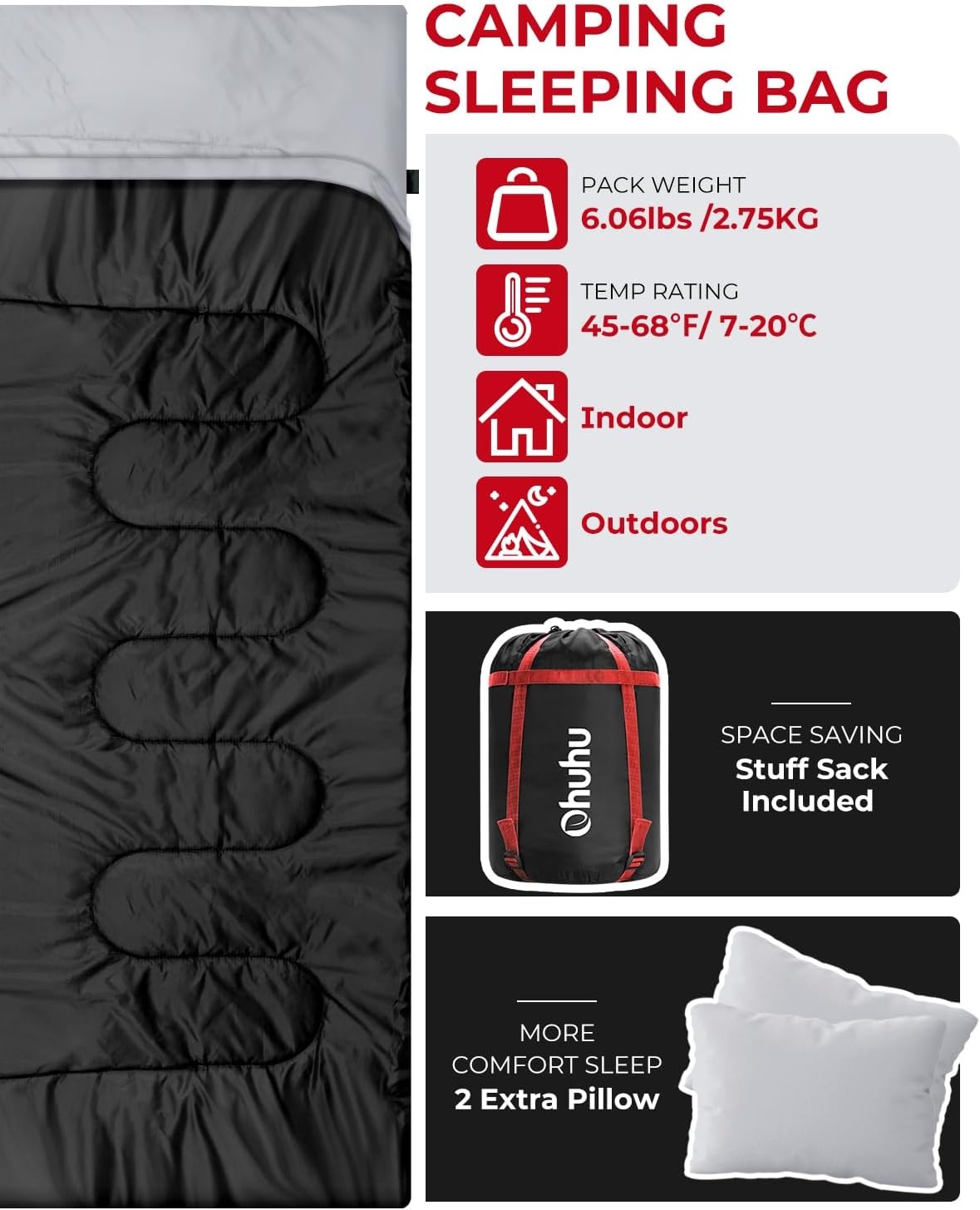 Slaapzak Outdoor zomer: Ohuhu dubbele slaapzak met 2 kussens en draagtas, waterdicht, licht, voor 2 personen, volwassenen, slaapzakken voor kamperen, backpacken, wandelen