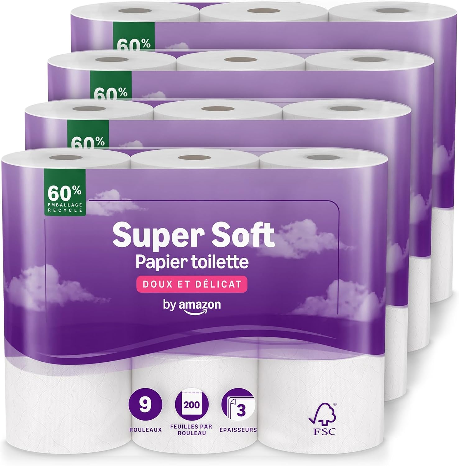 by Amazon Papier Toilette, 3 Épaisseurs Matelassé, Doux et Soyeux, 36 Rouleaux (4 Paquets de 9), 200 Feuilles par Rouleau, Certifié FSC - Maat 9 unité (Lot de 4)