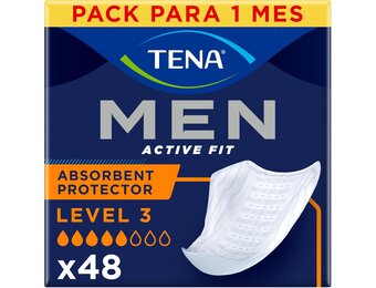 TENA Men Absorberende beschermers niveau 3, incontinentie voor heren, voor matige blaaszwakte, 48 beschermers (verpakking van 1 maand)
