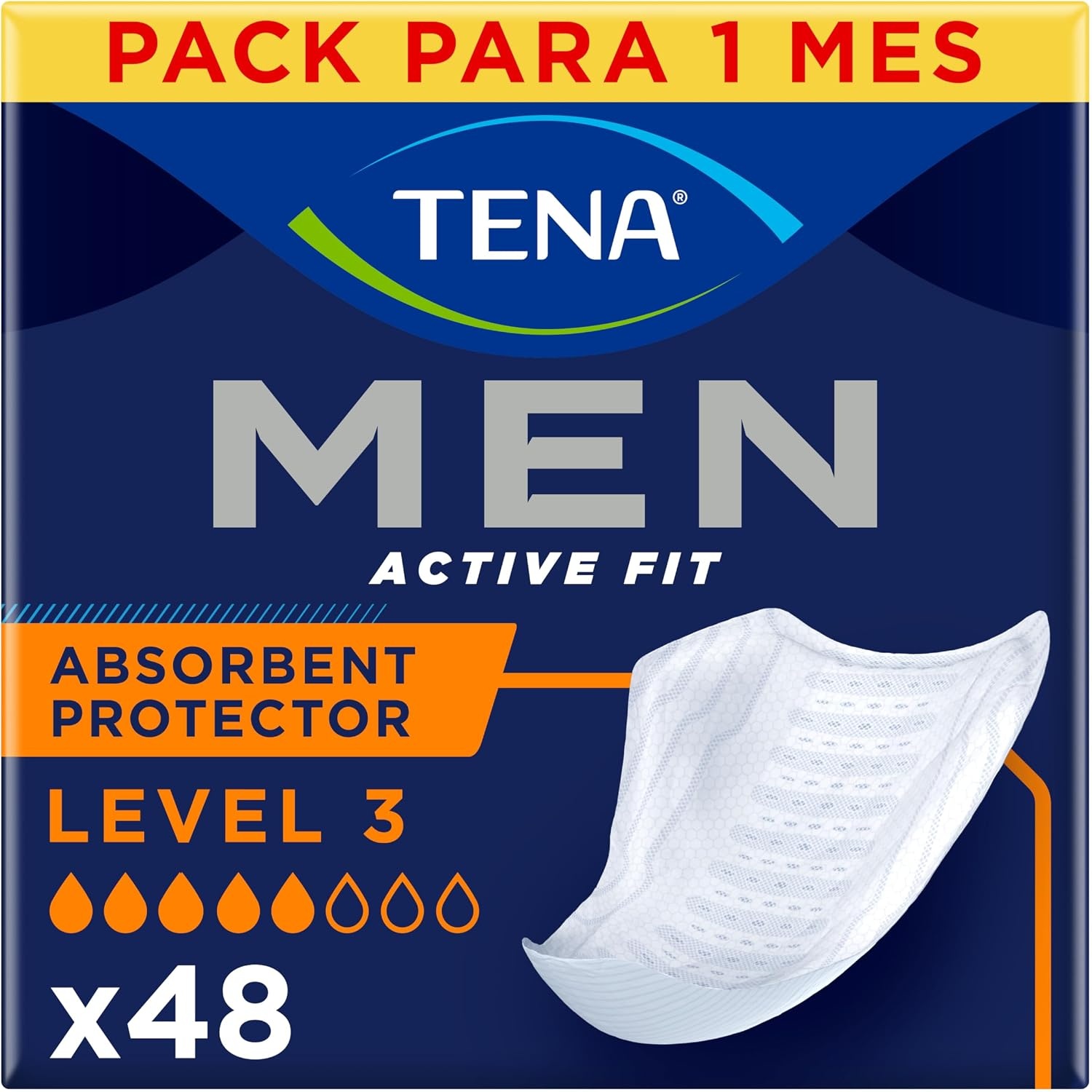 TENA Men Absorberende beschermers niveau 3, incontinentie voor heren, voor matige blaaszwakte, 48 beschermers (verpakking van 1 maand)