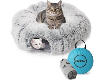 TREKAM Katten Tunnel Bed 150 cm - Grijs - Inklapbare Kattentunnel met Deken en Draagtas