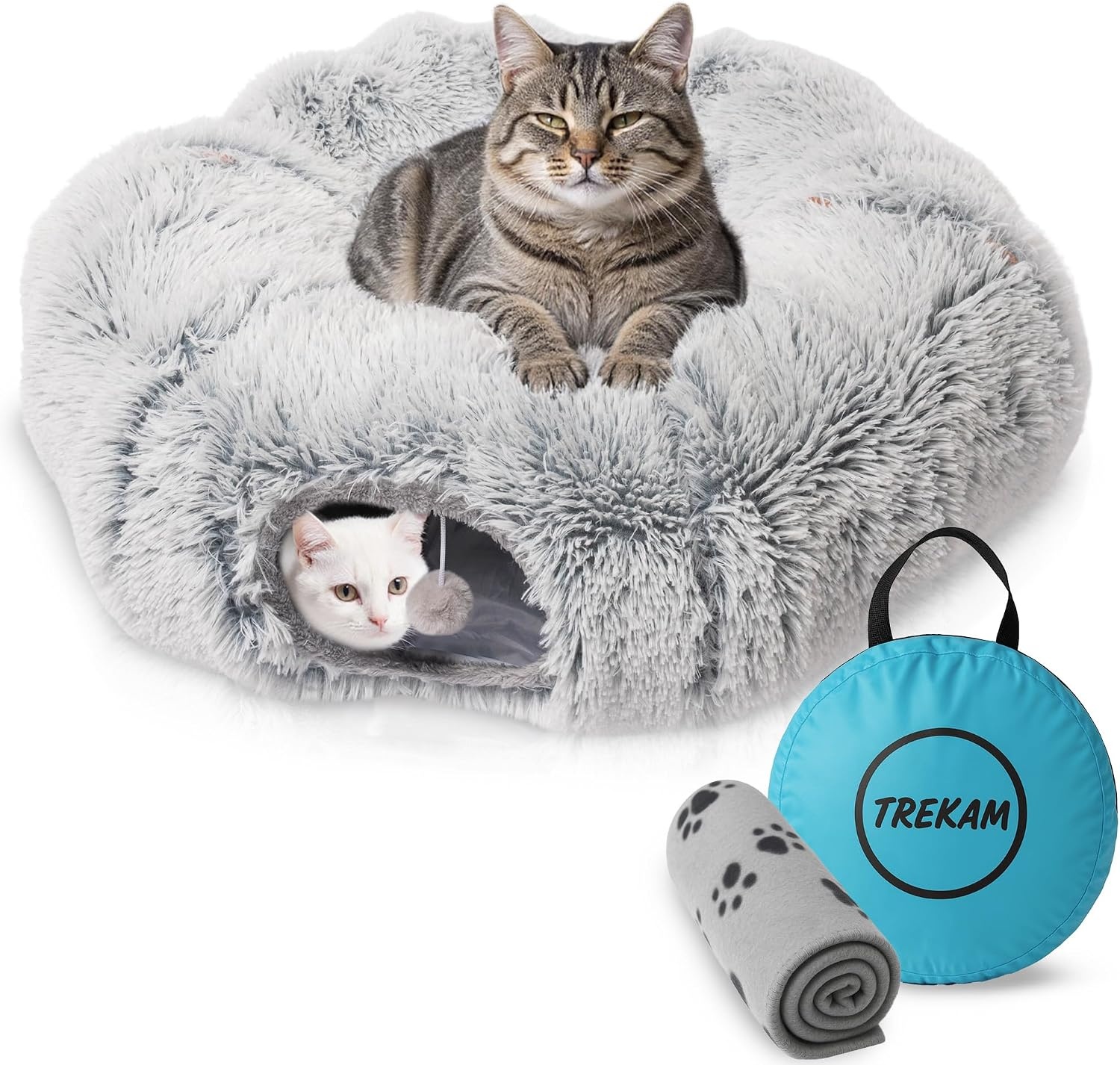 TREKAM Katten Tunnel Bed 150 cm - Grijs - Inklapbare Kattentunnel met Deken en Draagtas