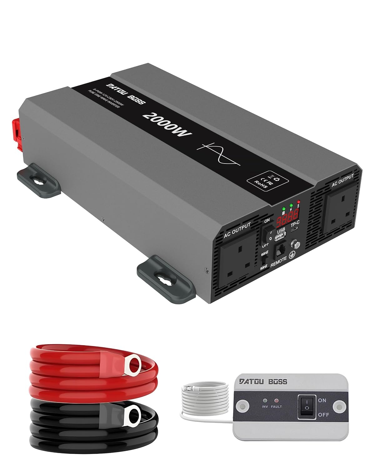 DATOUBOSS 2000W Power Inverter 12V DC to 240V AC Pure Sine Wave Inverter, Car Inverter 12V to 240V with AC Sockets Dual Car Adapter With LED Display Suitable for Home, RV, Camper, Truck