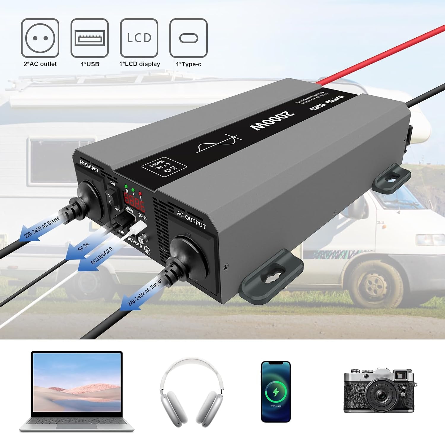 DATOUBOSS 2000W Power Inverter 12V DC to 240V AC Pure Sine Wave Inverter, Car Inverter 12V to 240V with AC Sockets Dual Car Adapter With LED Display Suitable for Home, RV, Camper, Truck
