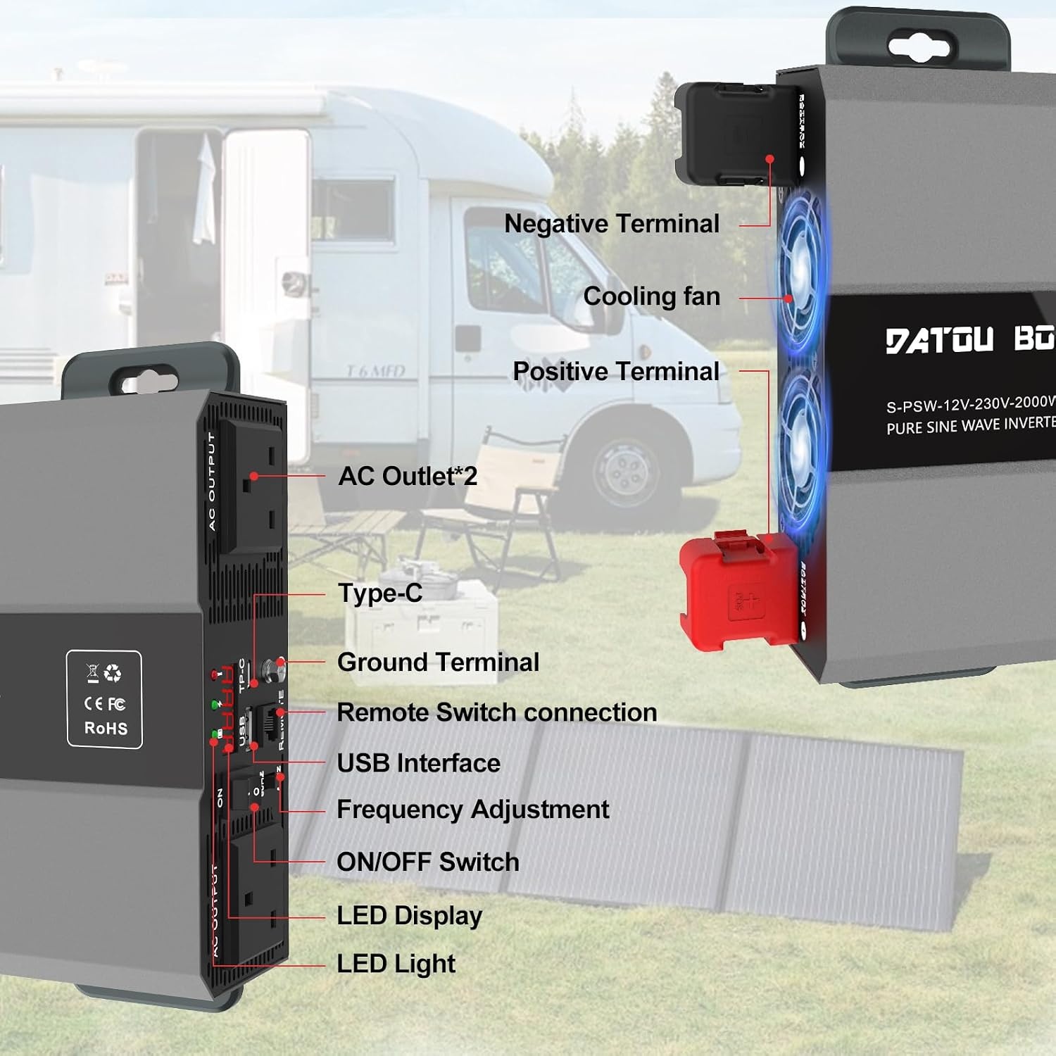 DATOUBOSS 2000W Power Inverter 12V DC to 240V AC Pure Sine Wave Inverter, Car Inverter 12V to 240V with AC Sockets Dual Car Adapter With LED Display Suitable for Home, RV, Camper, Truck