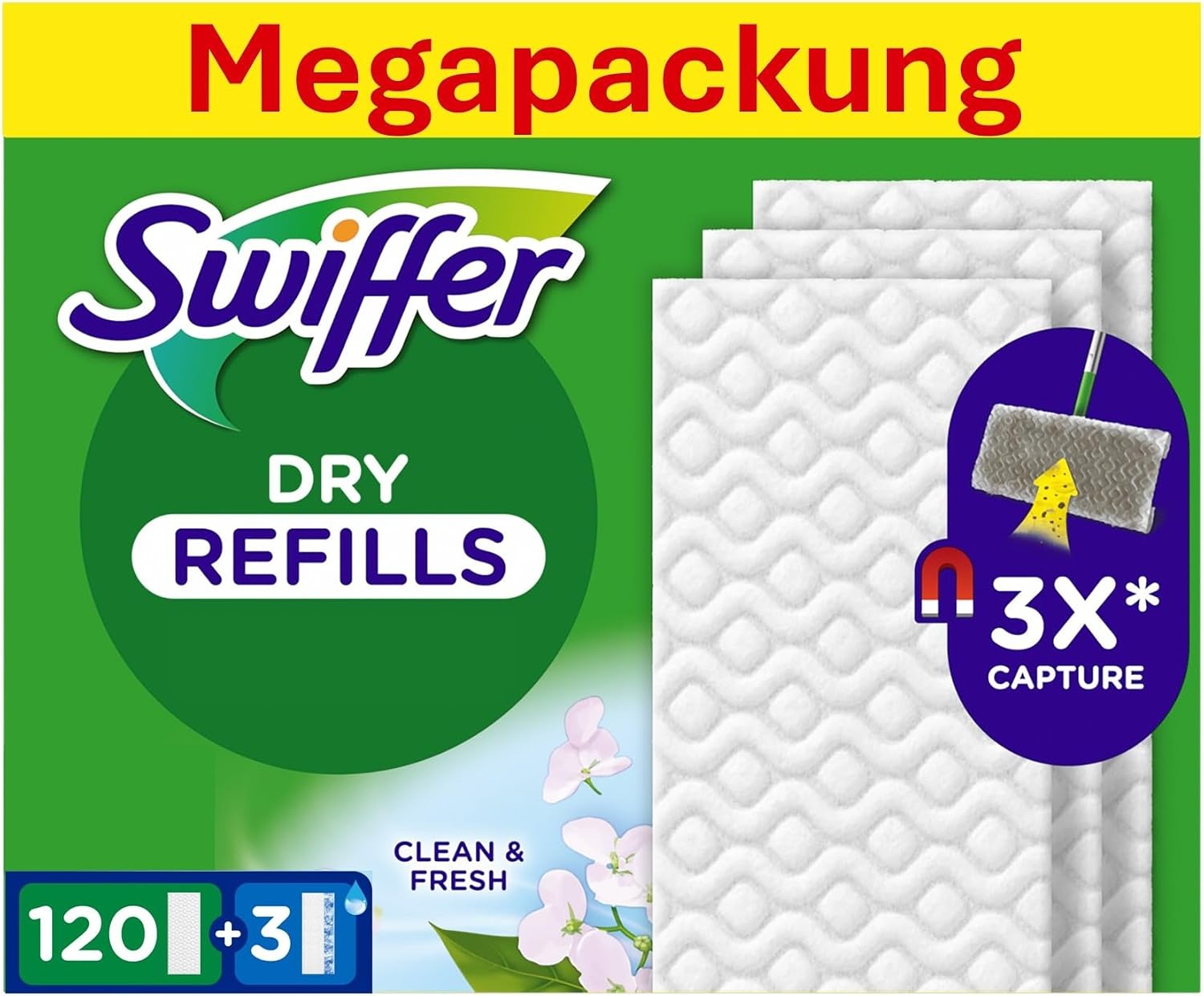 Swiffer Stofdoeken, 120 droge microvezeldoeken en 3 vloerdoekjes, vangt stof en vuil op, ideaal voor alle soorten vloeren en dierenharen, maxi-formaat
