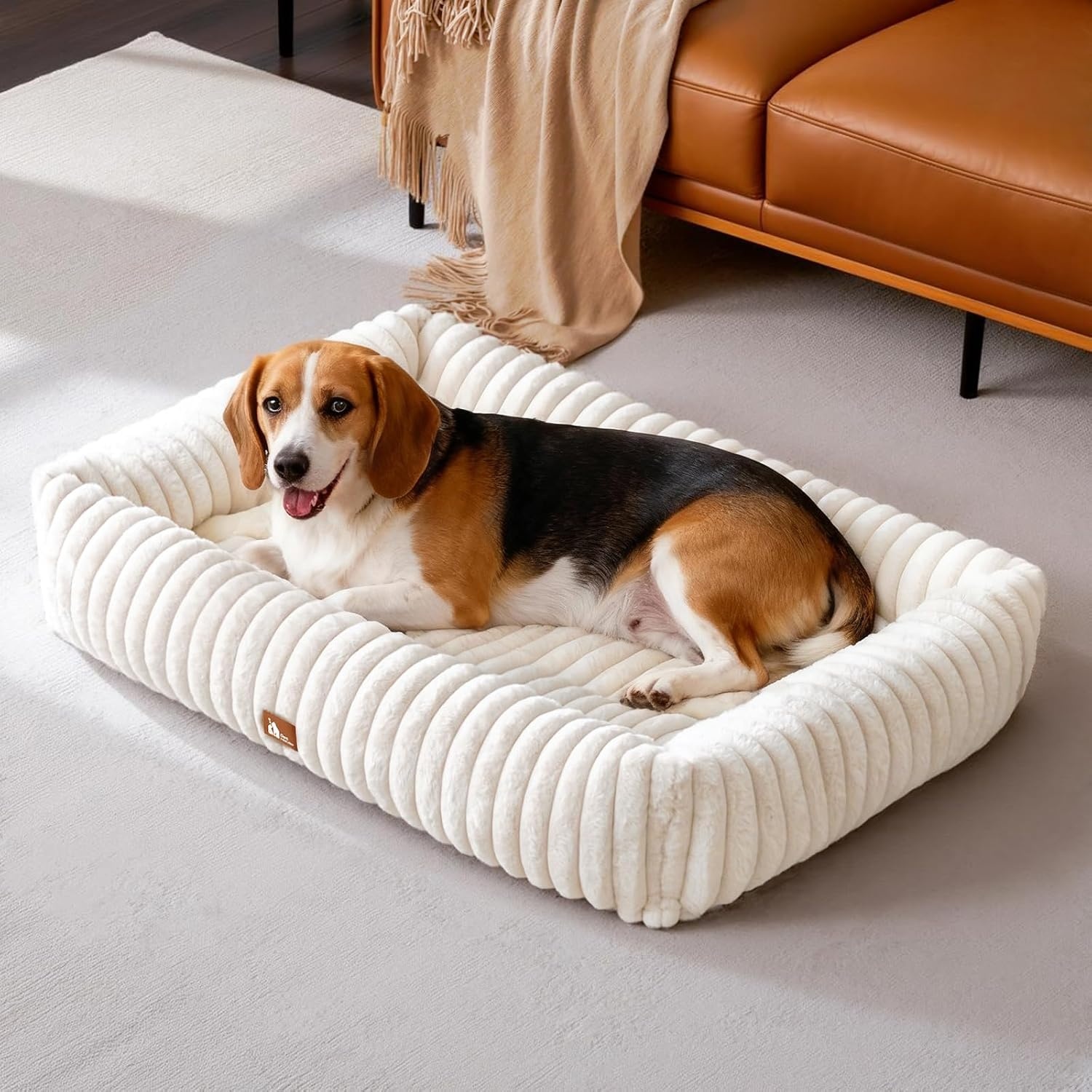 Upvilla Orthopedisch hondenbed voor grote honden met hoog kussen, corduroy, hondensofa, wasbaar, hondenbedden met antislip onderkant, beige, 91,5 x 69 x 20 cm